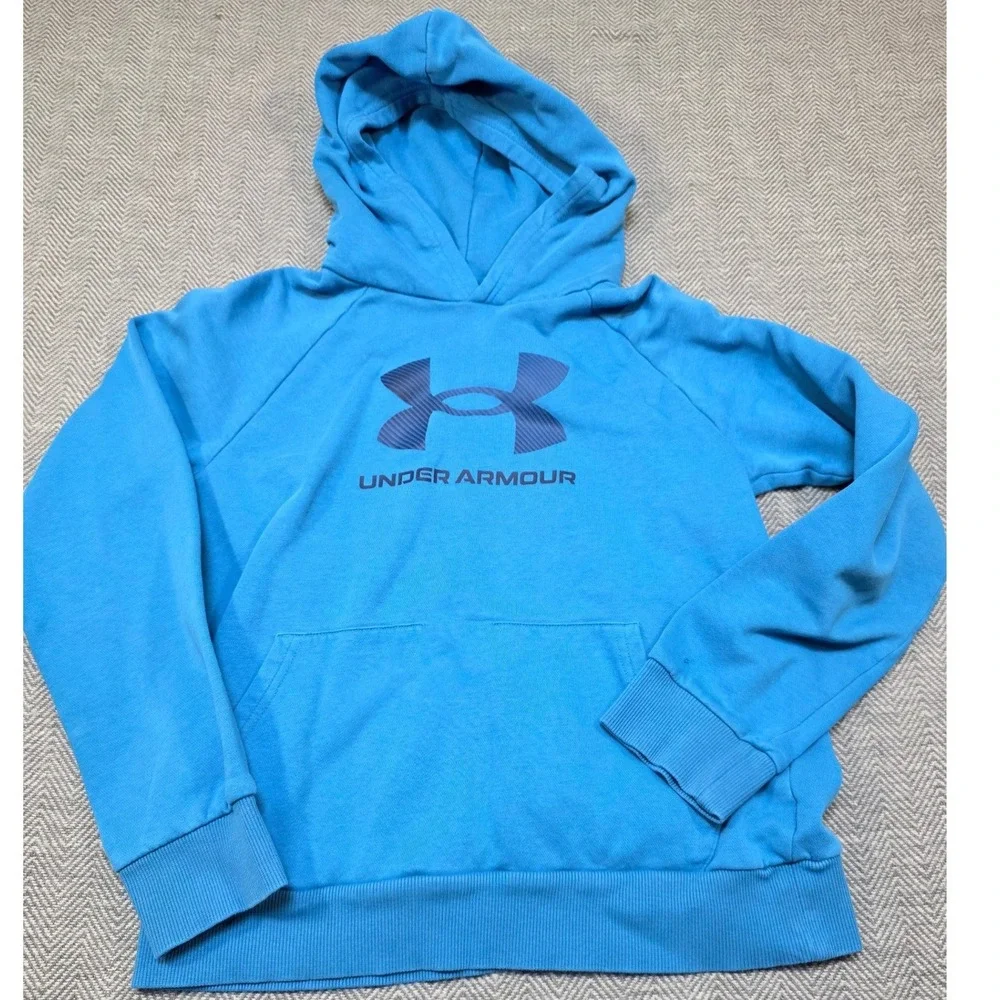 Under Armour Youth Large Blue Big Logo Rival Fleece Pullover Hoodie YLG